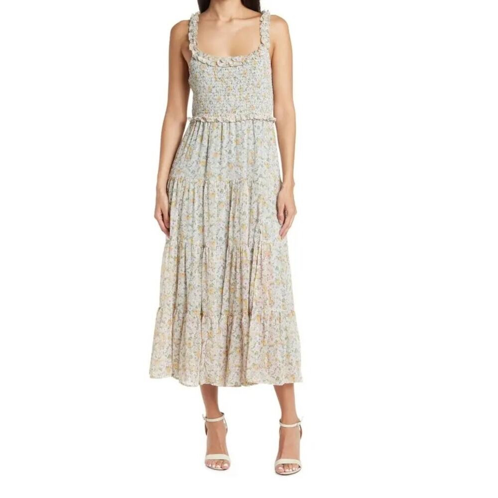 ASTR THE LABEL Floral‎ Smocked Tiered Midi Dress Women's Medium Spring Summer